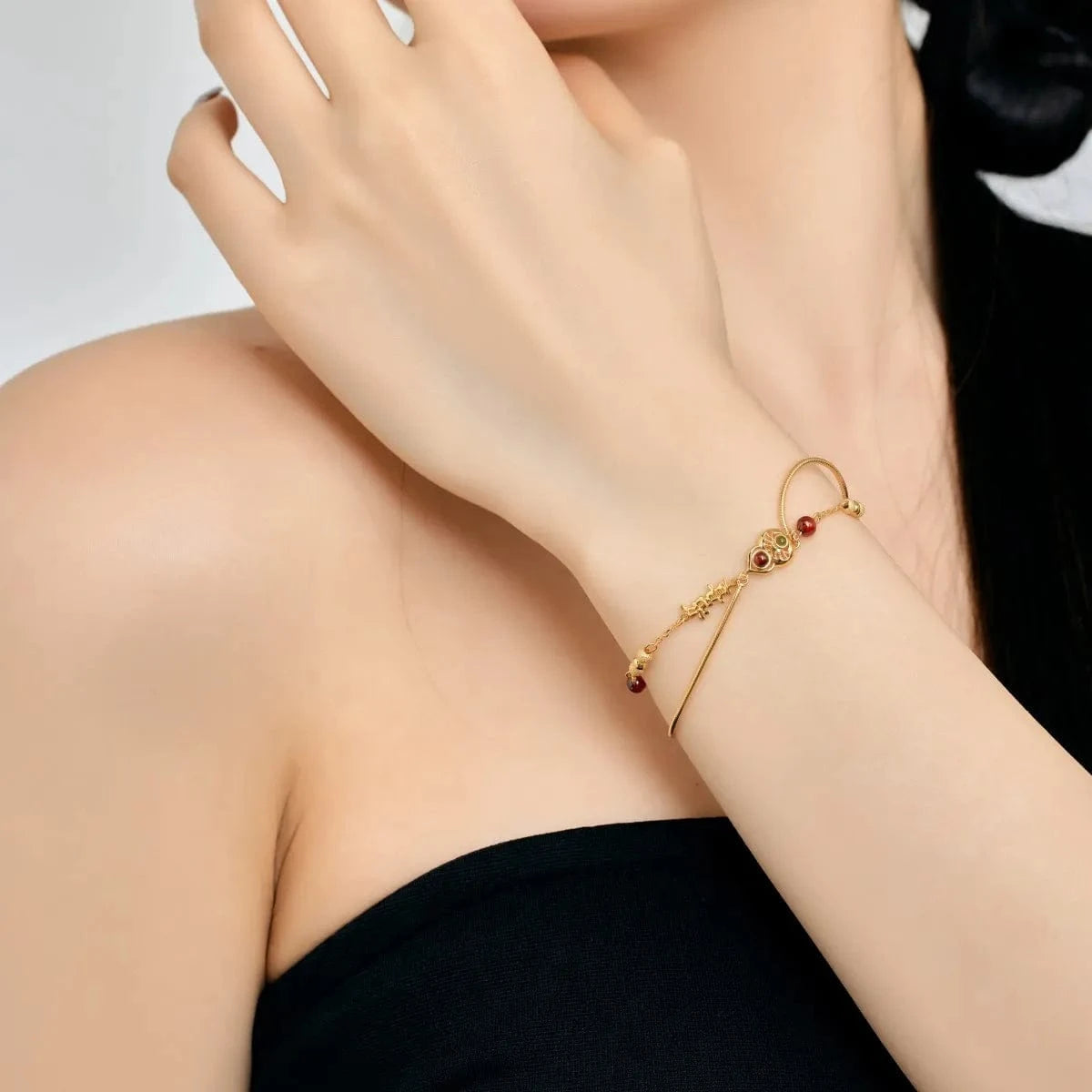 15+3 cm / DY150272-S-G-RG Dylam Wholesale Price 925 Sterling Silver Double Layer Chain Link 22K Gold Plated Chalcedony Garnet Gourd Bracelets For Women