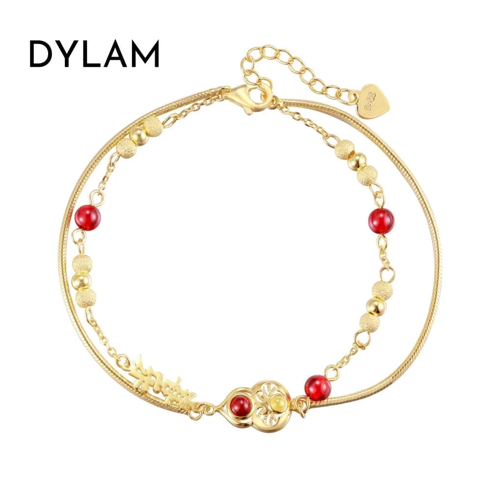 15+3 cm / DY150272-S-G-RG Dylam Wholesale Price 925 Sterling Silver Double Layer Chain Link 22K Gold Plated Chalcedony Garnet Gourd Bracelets For Women