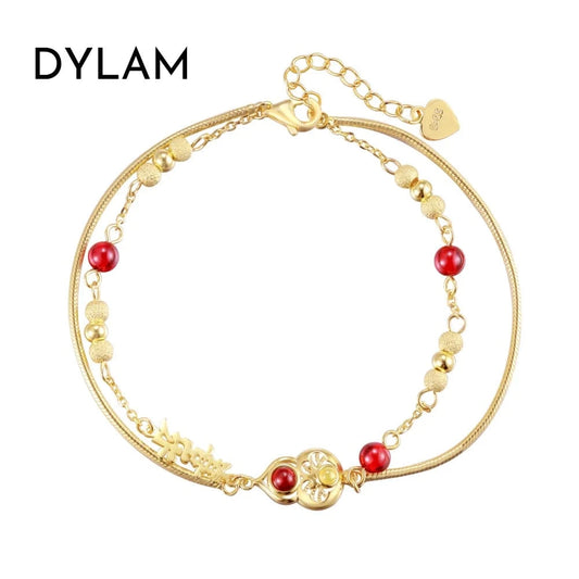 15+3 cm / DY150272-S-G-RG Dylam Wholesale Price 925 Sterling Silver Double Layer Chain Link 22K Gold Plated Chalcedony Garnet Gourd Bracelets For Women