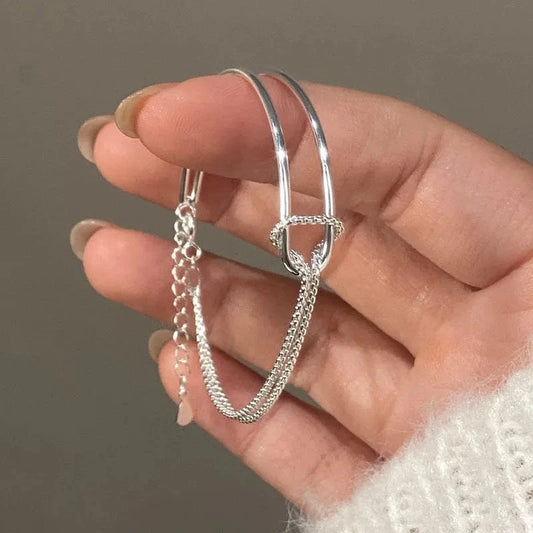 15.5+3.5cm / silver Genuine 925 Sterling Silver Double Layer Chain Knot Bracelet & Bangle For Women Fine Jewelry