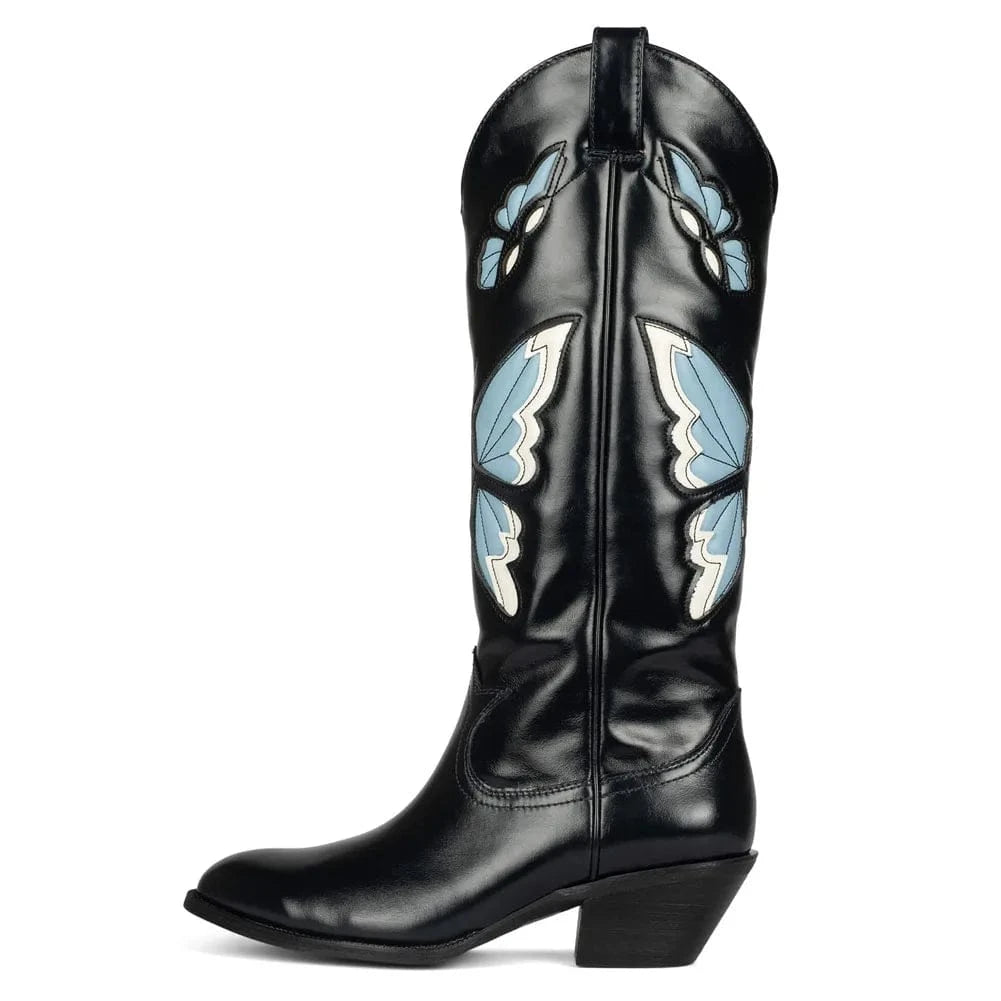 15 / Black Blue BUSY GIRL KK4031 Butterfly Embroidered Women's Boots Fashion Mid Heels Size 48 Pointed Toe Knee High Cowboy Boots For Wome