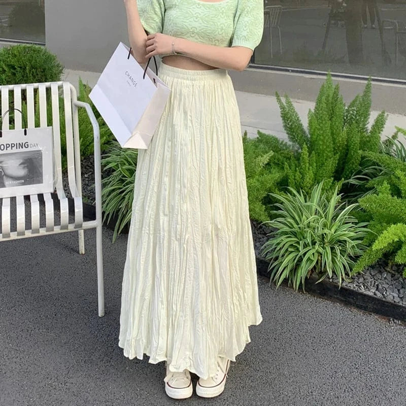15 Colors Pleated Long Maxi Skirts Women Solid Color Casual Kawaii 2024 Spring Summer Elastic Waist Skirt Lining Luxury Faldas