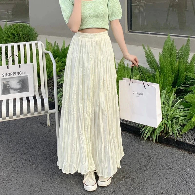 15 Colors Pleated Long Maxi Skirts Women Solid Color Casual Kawaii 2024 Spring Summer Elastic Waist Skirt Lining Luxury Faldas