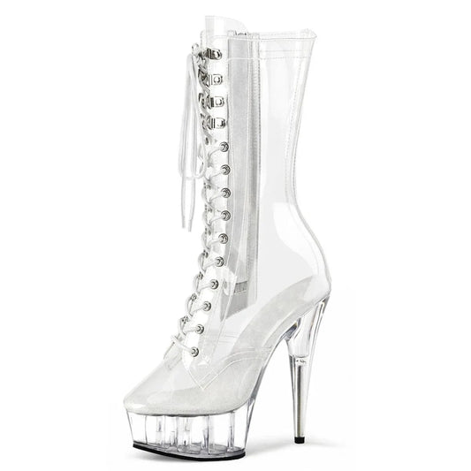 15cm New Style Lace Up Transparent Ankle Boots Stripper Heels Sexy Fetish 6Inches Pole Dance Shoes Gothic Nightclub Models Show