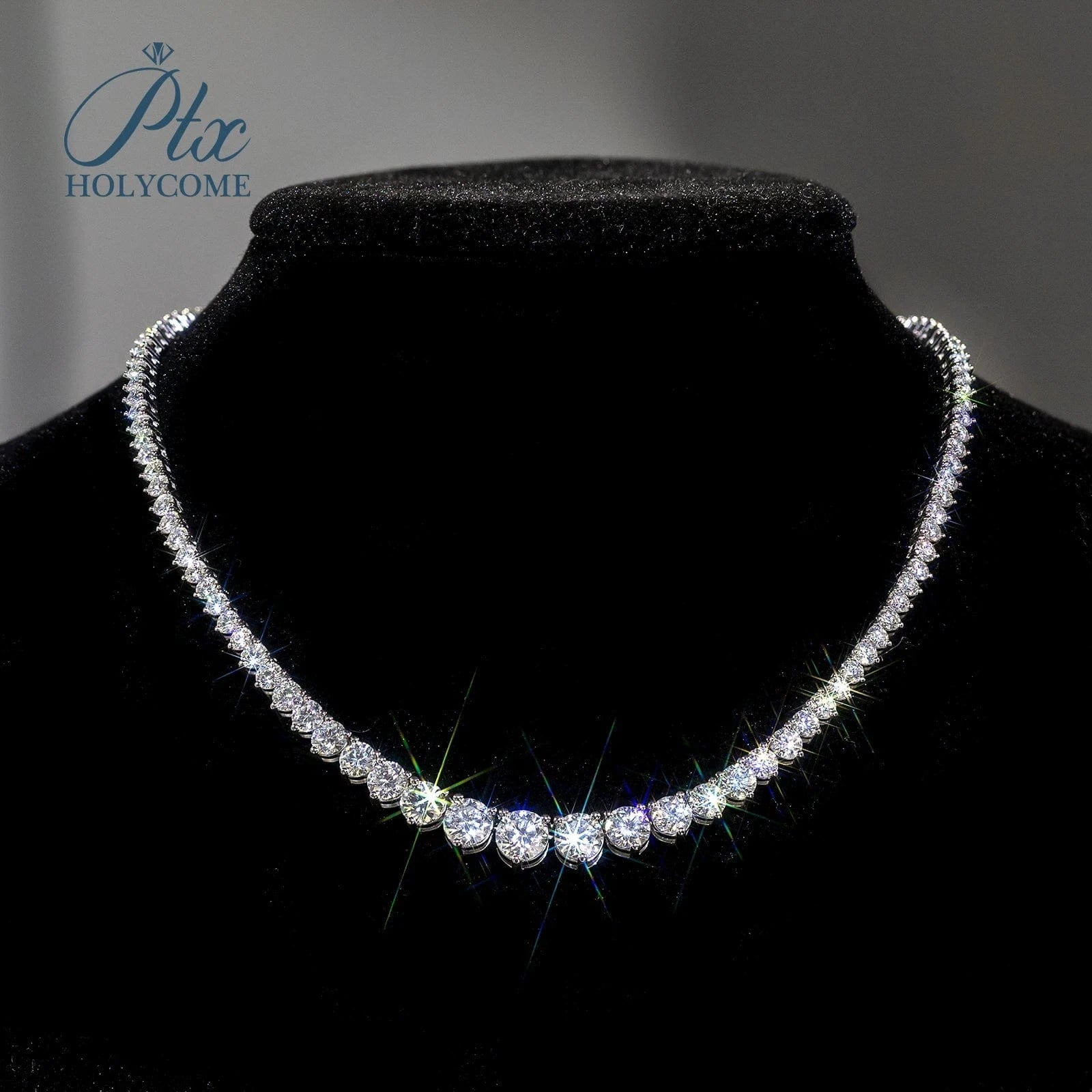 15inches / White Holycome GRA Brilliant Round Cut 925 Sterling Silver Moissanite VVS Diamond Tennis Necklace Jewelry Customized For Women