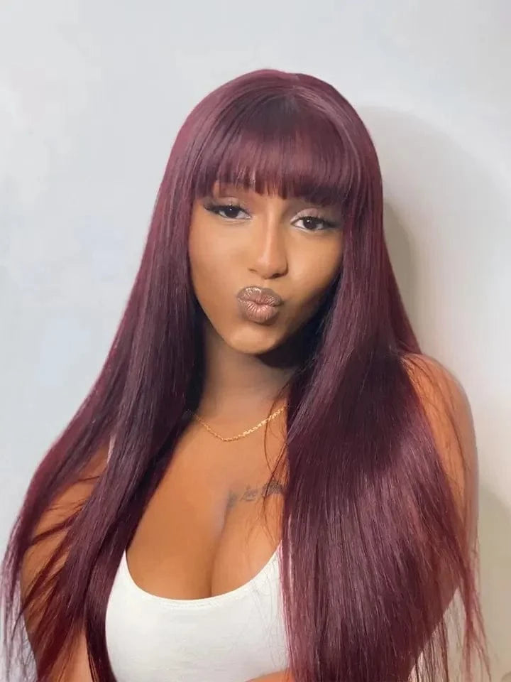 16''18''20''22''24'' Red Color Remy Human Hair 150%180% Density Silky Straight Transparent Lace 360 Lace Front Wig With Bangs