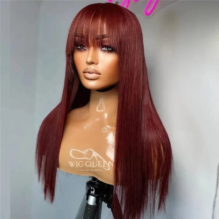 16''18''20''22''24'' Red Color Remy Human Hair 150%180% Density Silky Straight Transparent Lace 360 Lace Front Wig With Bangs