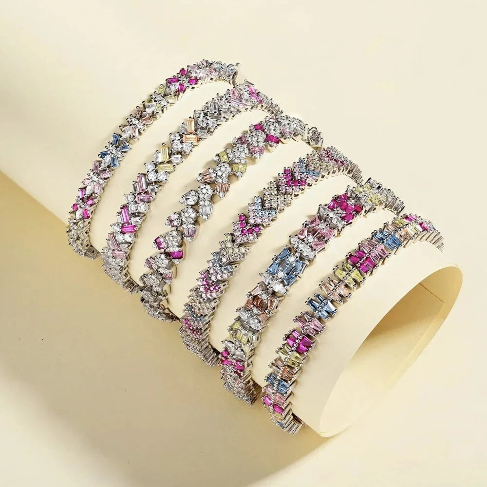 16+2cm / DY150216-S-W-CS Dylam Trending Design Fine Jewelry 925 Sterling Silver Rhodium Plated 5A Zirconia Colorful Multiple Color Baguette Bracelet
