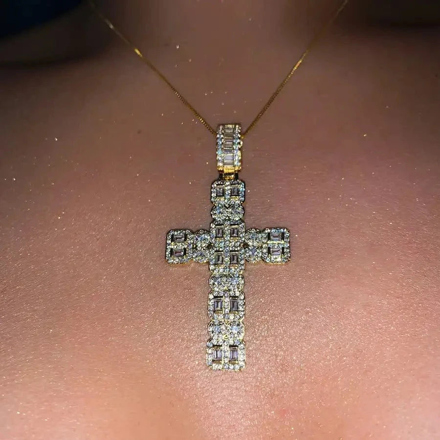 16"+4" / GN+n049-Gold Top Quality 5A Cubic Zirconia Iced Out Bling Women Jewelry Geometric CZ Cluster Promise Classic Cross Pendant Necklace