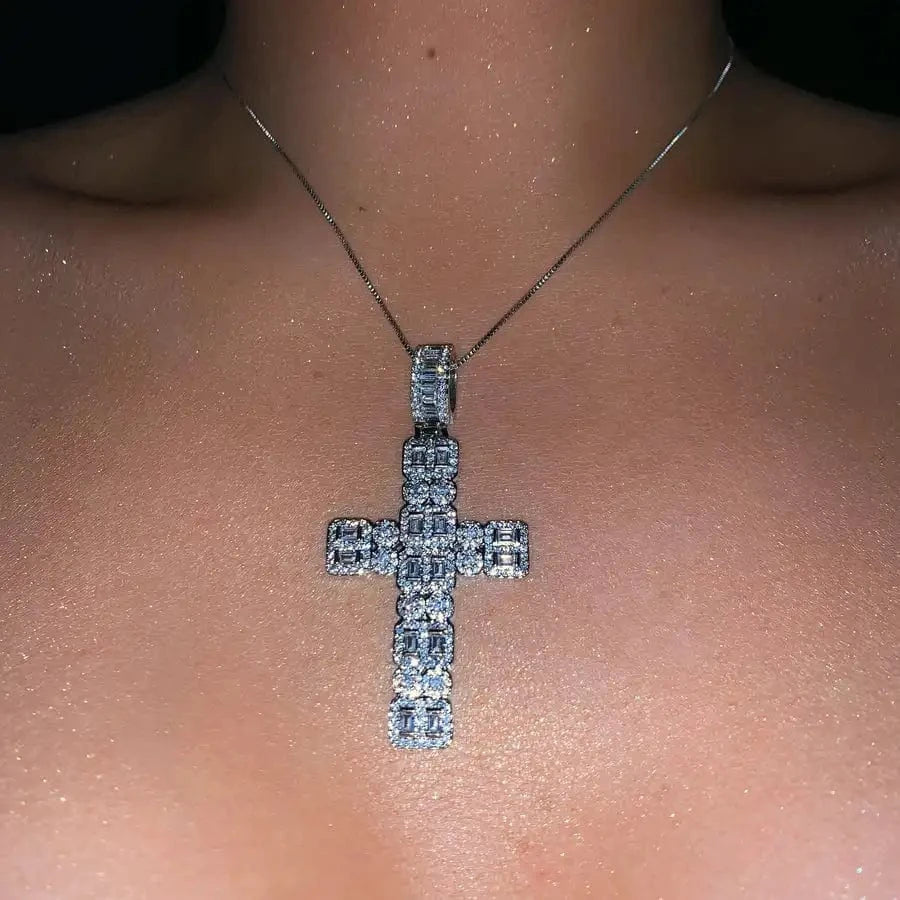 16"+4" / GN+n049-Silver Top Quality 5A Cubic Zirconia Iced Out Bling Women Jewelry Geometric CZ Cluster Promise Classic Cross Pendant Necklace