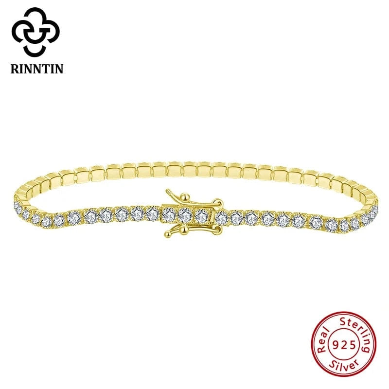 16.5cm / 14K Gold Plated RINNTIN SB61 Fine Jewelry Manufacturer Tennis Bracelet 925 Sterling Silver 2 MM Cubic Zirconia Bracelet Jewelry