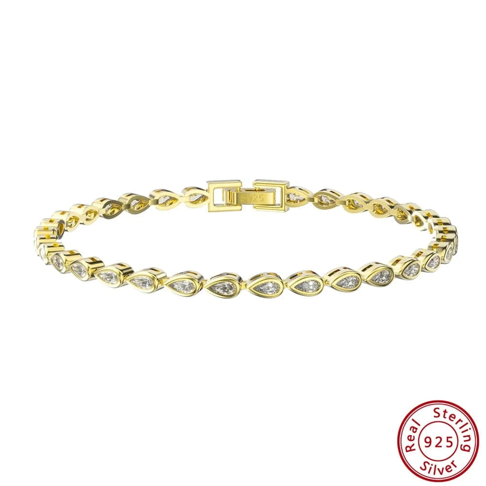 16.5cm / 14K Gold Plated SB154 Fine Jewelry 14K Bracelets Gold Plated Pear Cut White Zirconia Bezel Setting Tennis Bracelet 925 Sterling Silver Jewelry