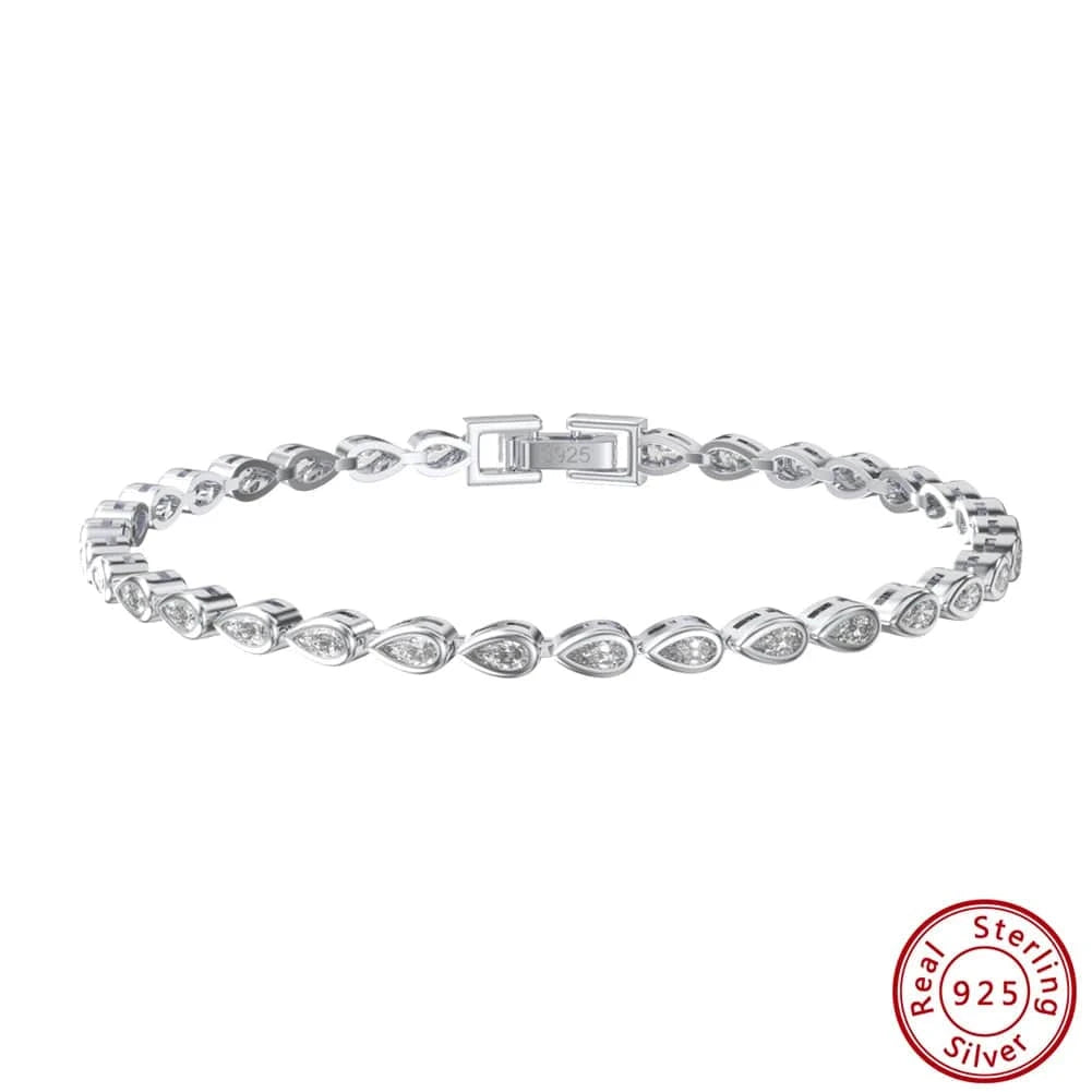 16.5cm / Rhodium Plated SB154 Fine Jewelry 14K Bracelets Gold Plated Pear Cut White Zirconia Bezel Setting Tennis Bracelet 925 Sterling Silver Jewelry