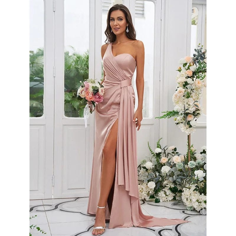 16 / as picture / Floor Length S0577R New spring and summer solid color one-shoulder slit high-end temperament high waist floor-length evening dress