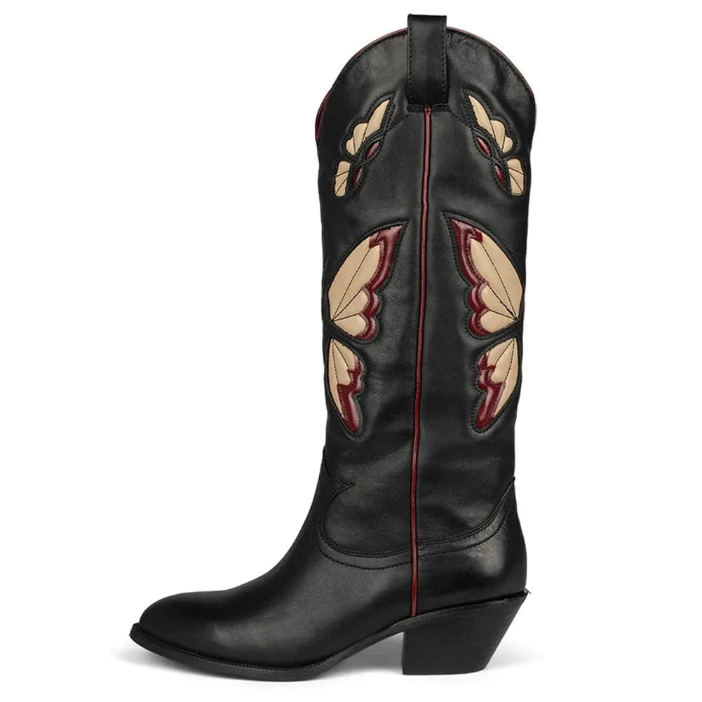 16 / Black Red BUSY GIRL KK4031 Butterfly Embroidered Women's Boots Fashion Mid Heels Size 48 Pointed Toe Knee High Cowboy Boots For Wome