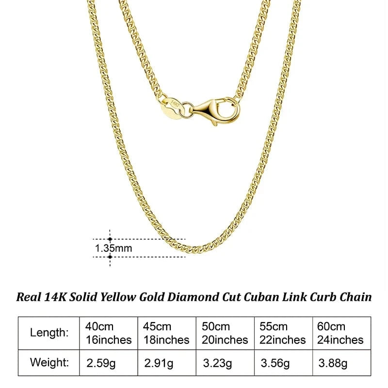 16 inches(40cm) / 1.35mm RINNTIN GC04 Hiphop Jewelry Real 14K Solid Yellow Gold 2.2mm Diamond Cut Cuban Link Curb Chain Necklace for Men oro 14k original