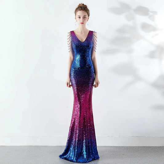 16180#6 2024 New Women Annual Party Hosting Club Evening Gradient Crystal Chain Sexy Slim-fit Party Dress