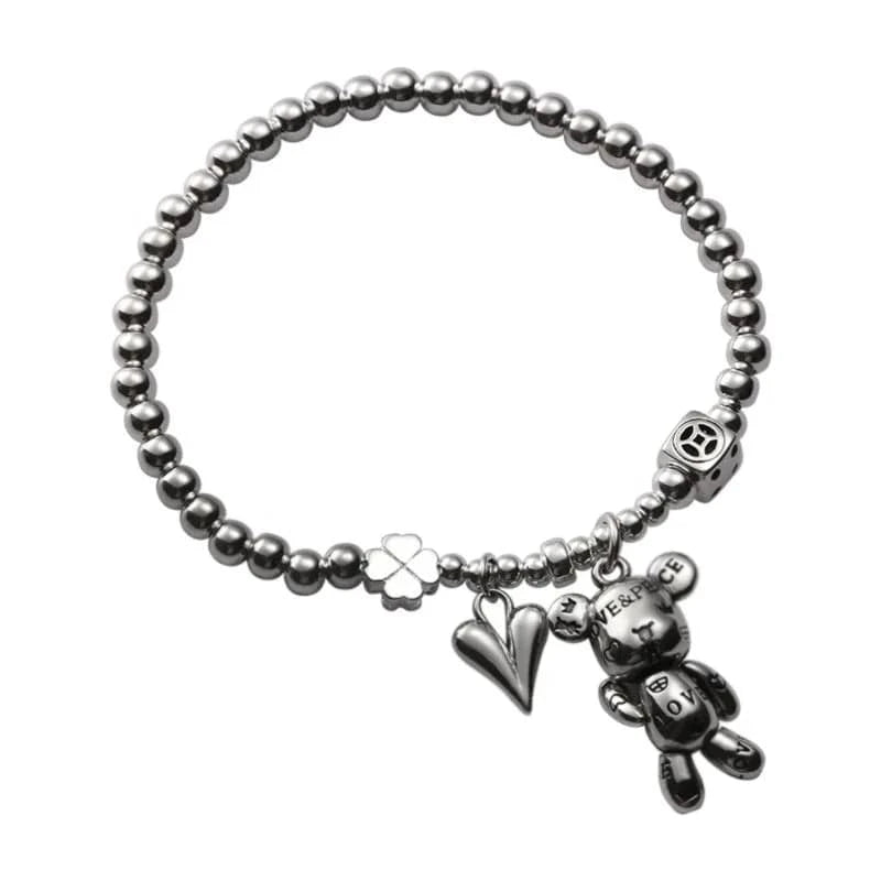 16cm / silver 2024 Wholesale Lovely Girl's Bear Clover Charm S925 Sterling Silver Bracelet Bangle jewellery Cute Heart Pendant Beaded Bracelets