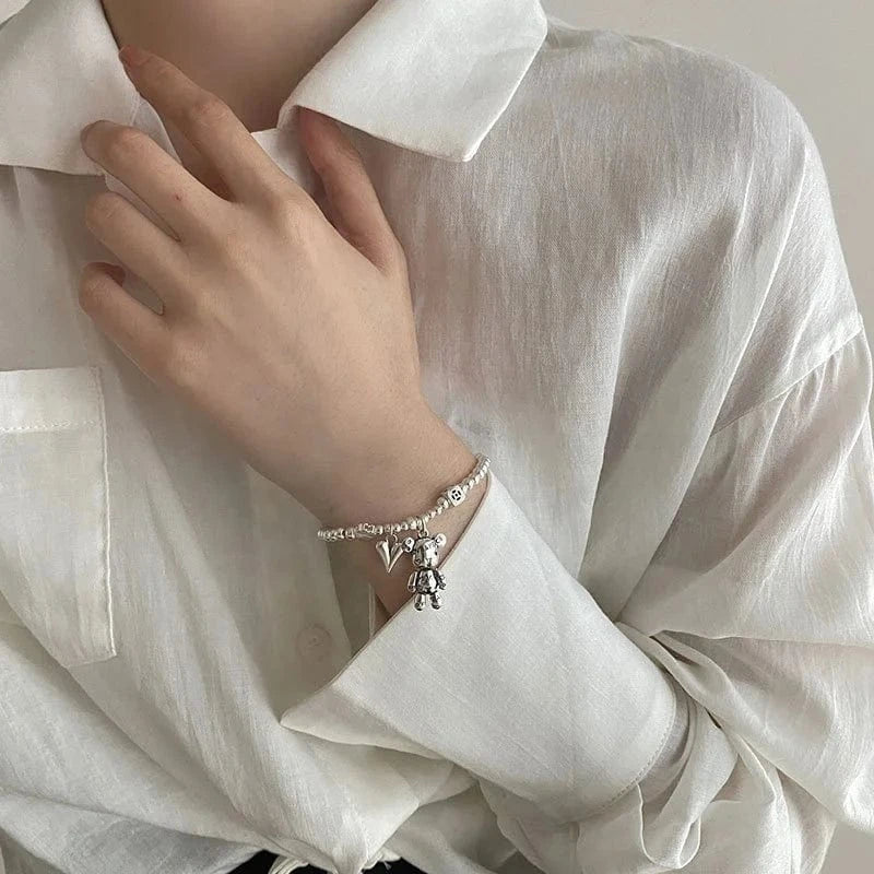 16cm / silver 2024 Wholesale Lovely Girl's Bear Clover Charm S925 Sterling Silver Bracelet Bangle jewellery Cute Heart Pendant Beaded Bracelets