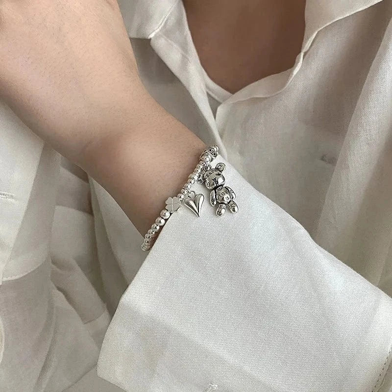 16cm / silver 2024 Wholesale Lovely Girl's Bear Clover Charm S925 Sterling Silver Bracelet Bangle jewellery Cute Heart Pendant Beaded Bracelets