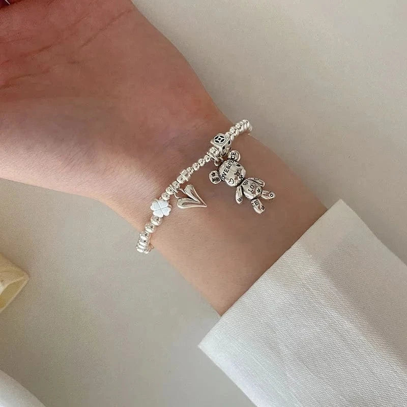 16cm / silver 2024 Wholesale Lovely Girl's Bear Clover Charm S925 Sterling Silver Bracelet Bangle jewellery Cute Heart Pendant Beaded Bracelets