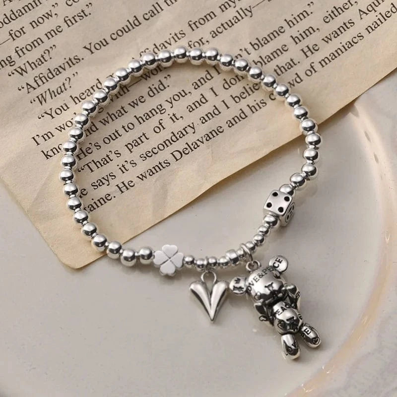 16cm / silver 2024 Wholesale Lovely Girl's Bear Clover Charm S925 Sterling Silver Bracelet Bangle jewellery Cute Heart Pendant Beaded Bracelets
