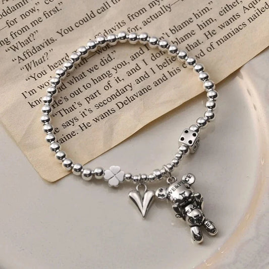 16cm / silver 2024 Wholesale Lovely Girl's Bear Clover Charm S925 Sterling Silver Bracelet Bangle jewellery Cute Heart Pendant Beaded Bracelets