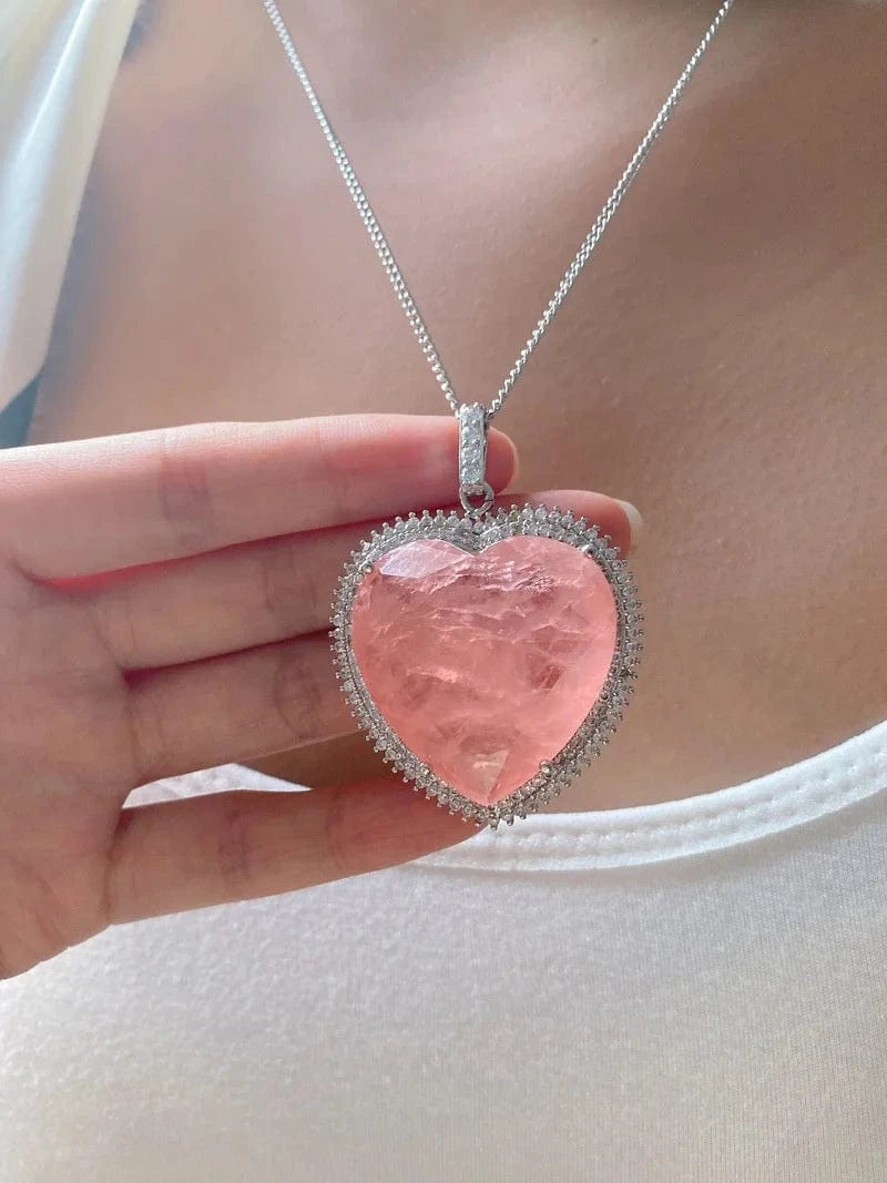 16inches / 1 Luxury Heart Pink Crystal Tourmaline Moissanite Gemstone Pendant Necklace for Women Fine Jewelry Anniversary Valentine Gift