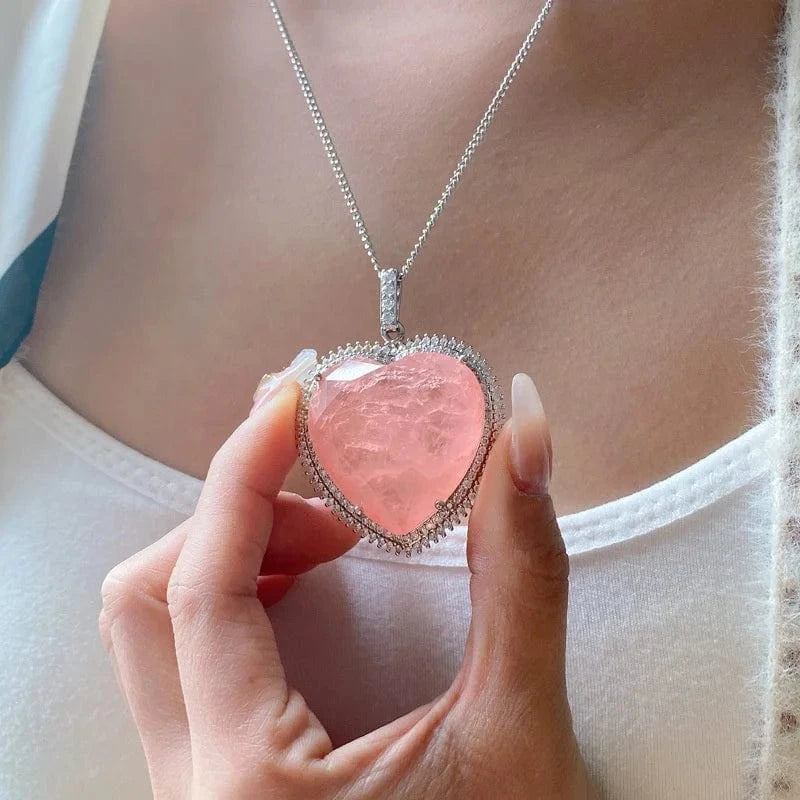 16inches / 1 Luxury Heart Pink Crystal Tourmaline Moissanite Gemstone Pendant Necklace for Women Fine Jewelry Anniversary Valentine Gift
