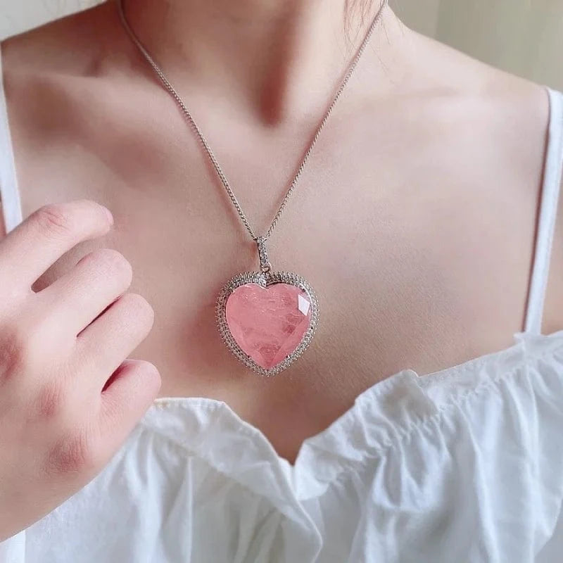 16inches / 1 Luxury Heart Pink Crystal Tourmaline Moissanite Gemstone Pendant Necklace for Women Fine Jewelry Anniversary Valentine Gift
