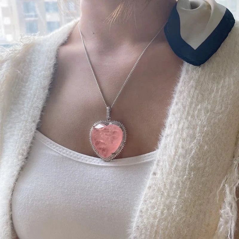 16inches / 1 Luxury Heart Pink Crystal Tourmaline Moissanite Gemstone Pendant Necklace for Women Fine Jewelry Anniversary Valentine Gift