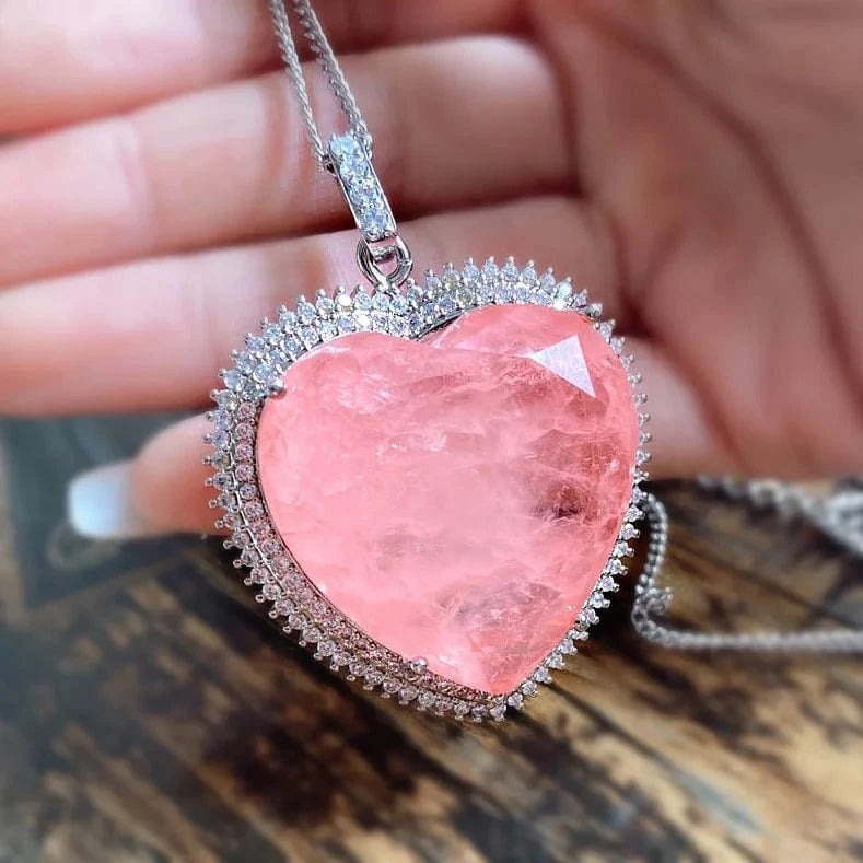 16inches / 1 Luxury Heart Pink Crystal Tourmaline Moissanite Gemstone Pendant Necklace for Women Fine Jewelry Anniversary Valentine Gift