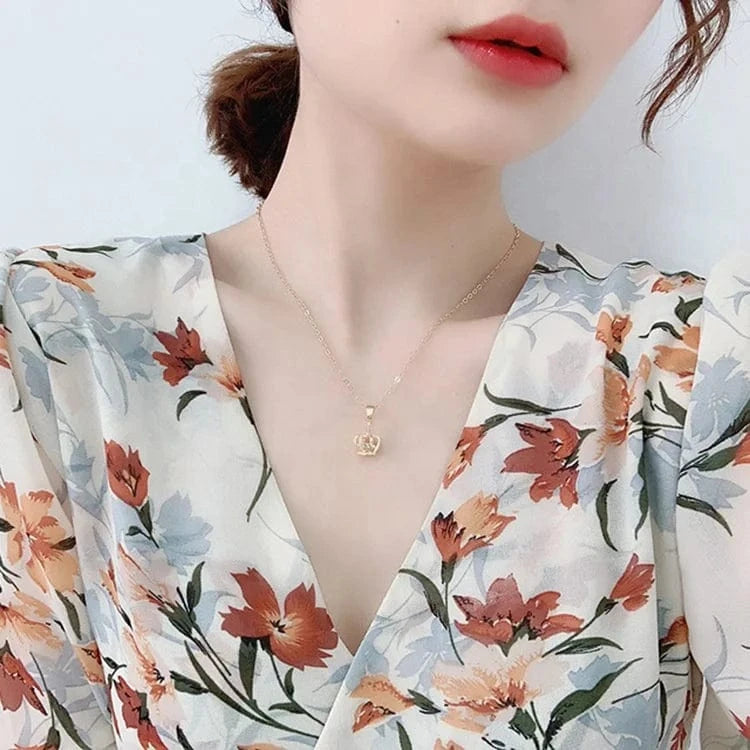 16inches / Gold Wholesale women real gold plated brass crown pendant Necklace with clear crystal