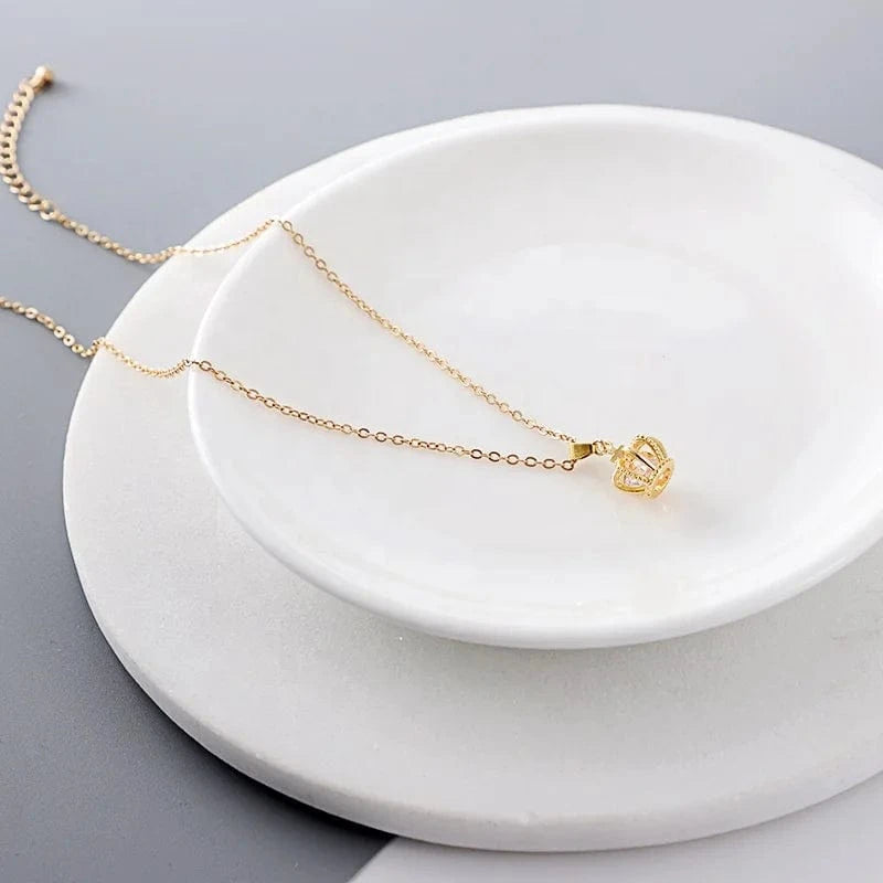 16inches / Gold Wholesale women real gold plated brass crown pendant Necklace with clear crystal