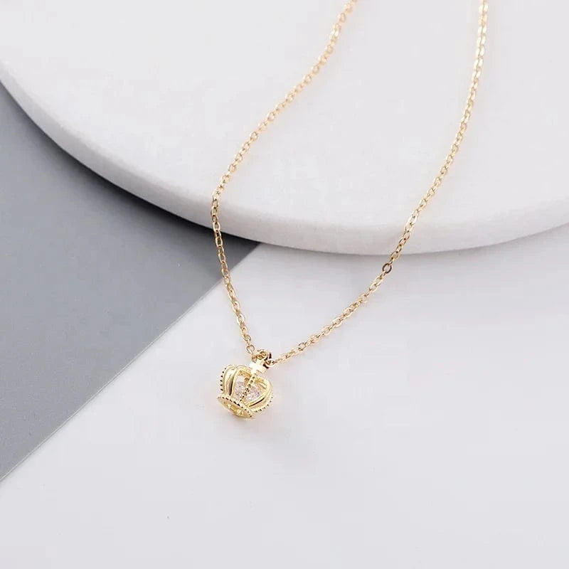 16inches / Gold Wholesale women real gold plated brass crown pendant Necklace with clear crystal