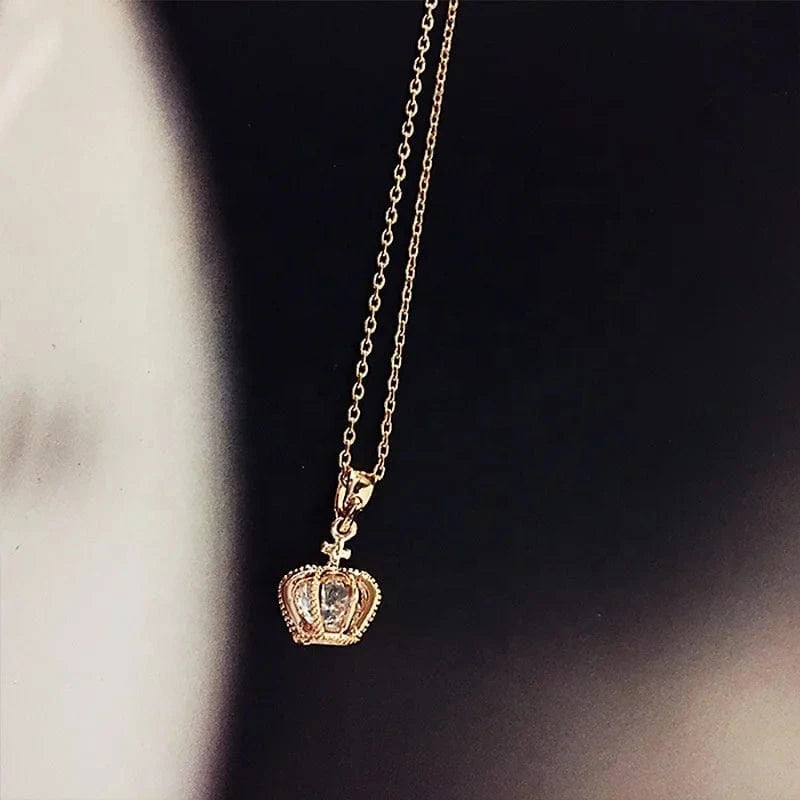 16inches / Gold Wholesale women real gold plated brass crown pendant Necklace with clear crystal