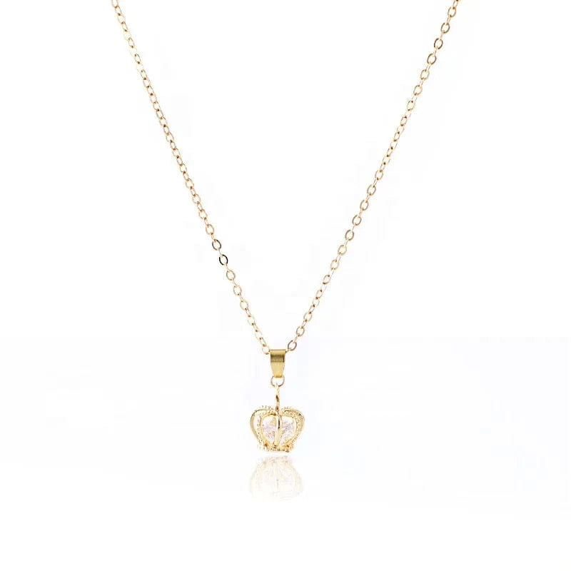 16inches / Gold Wholesale women real gold plated brass crown pendant Necklace with clear crystal