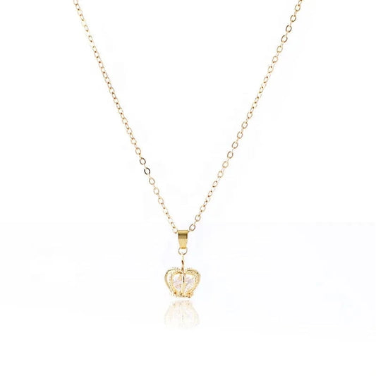 16inches / Gold Wholesale women real gold plated brass crown pendant Necklace with clear crystal
