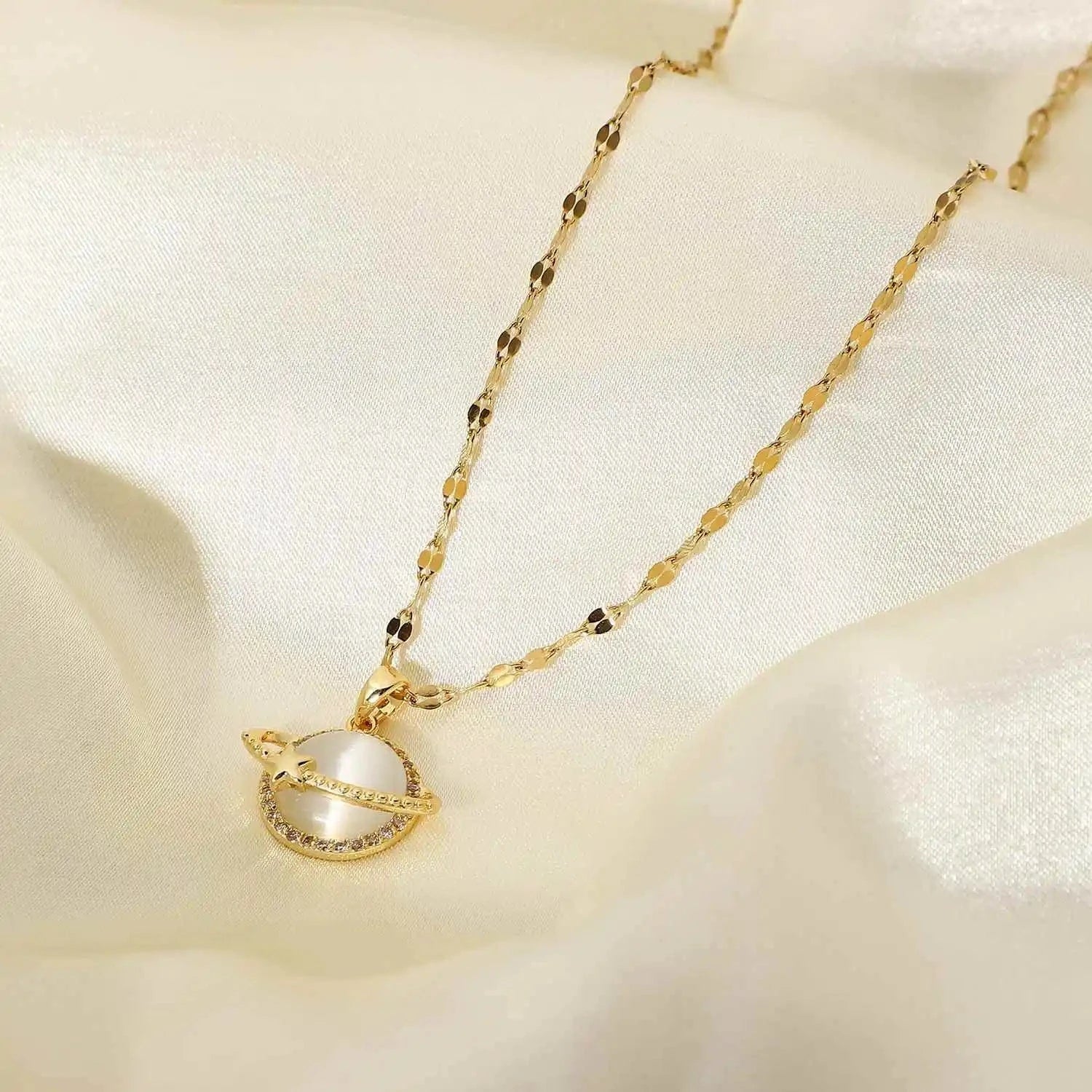 16inches / JDN20653 Women Jewelry Zircon Planet Eearth Cat Eye Opal Stone Pendant Necklaces 18K Gold Chain Choker Stainless Steel Necklace