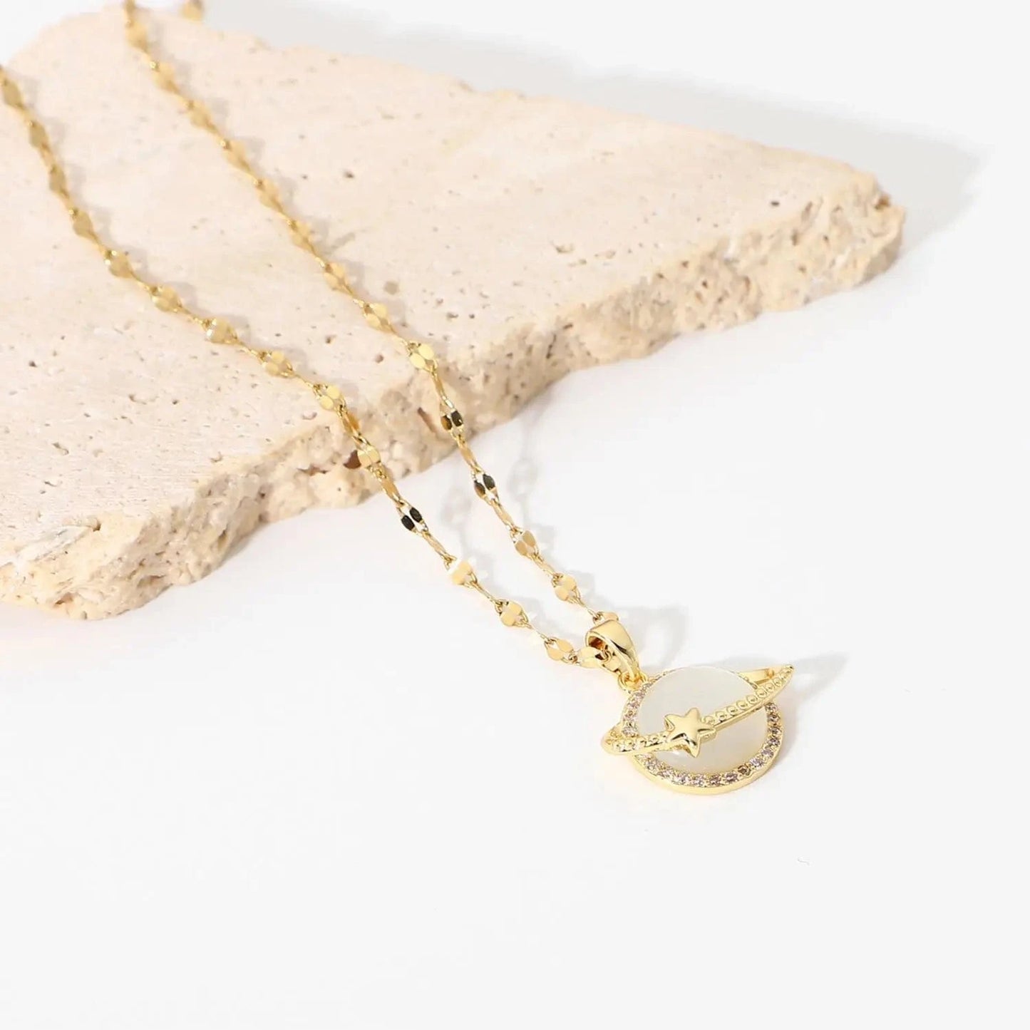 16inches / JDN20653 Women Jewelry Zircon Planet Eearth Cat Eye Opal Stone Pendant Necklaces 18K Gold Chain Choker Stainless Steel Necklace