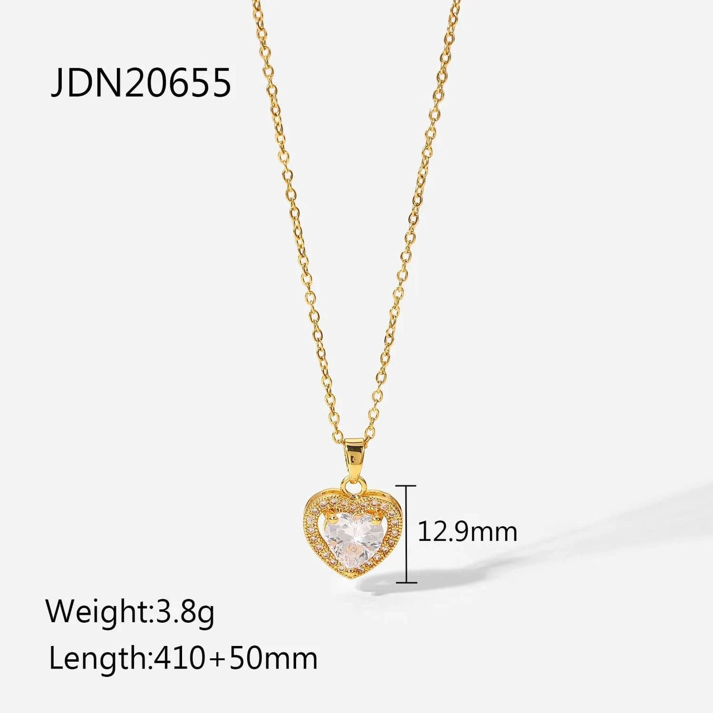16inches / JDN20655 Exquisite Women Wedding Bridal Jewelry Stainless Steel Gold Large Single Shiny Crystal Heart Pendant Necklace For Engagement