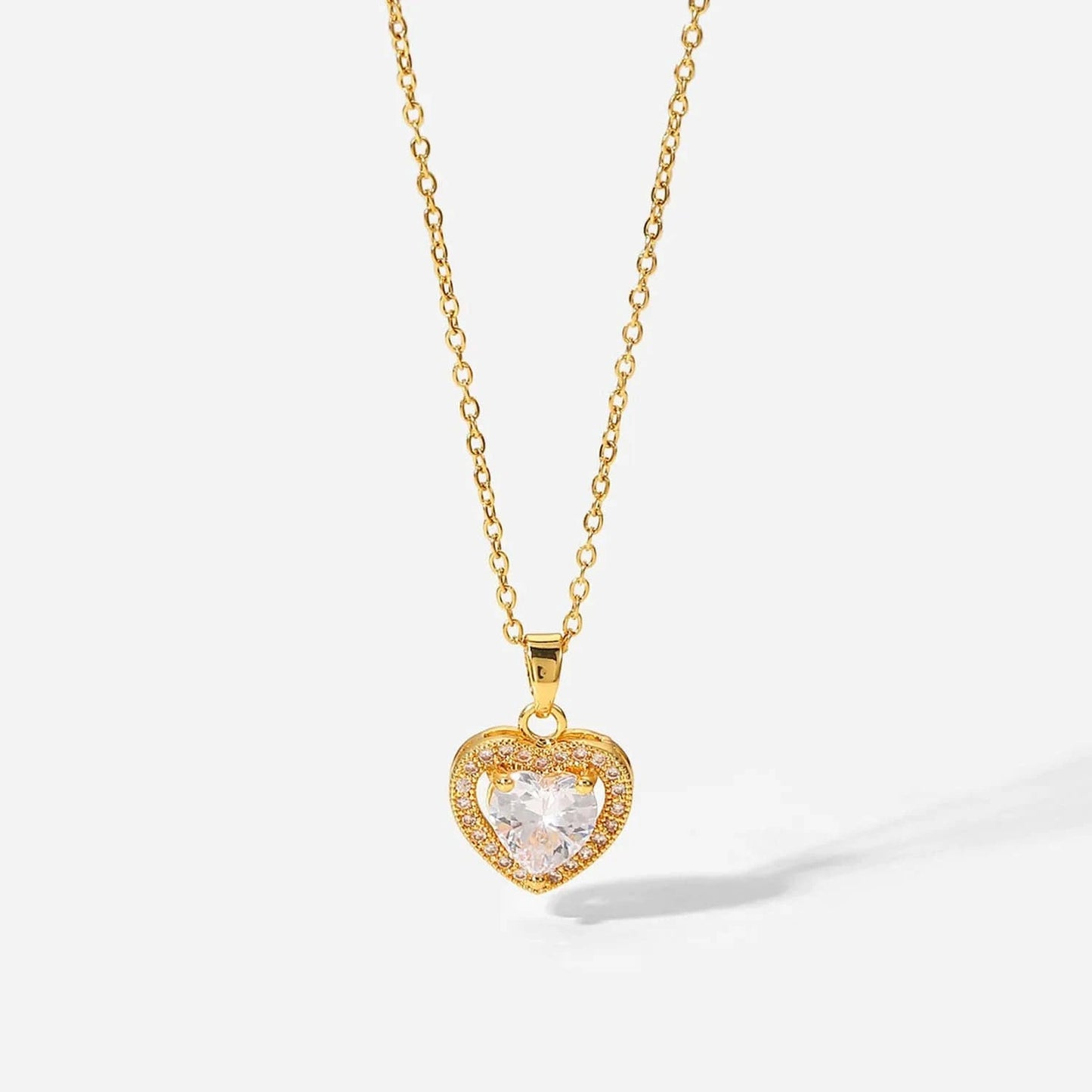16inches / JDN20655 Exquisite Women Wedding Bridal Jewelry Stainless Steel Gold Large Single Shiny Crystal Heart Pendant Necklace For Engagement