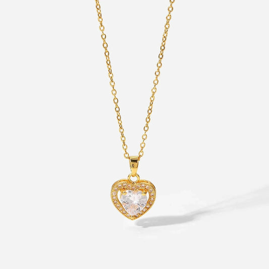 16inches / JDN20655 Exquisite Women Wedding Bridal Jewelry Stainless Steel Gold Large Single Shiny Crystal Heart Pendant Necklace For Engagement