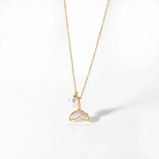 16inches / N2444 N2444 Korean Design Women 18K Gold Chain Stainless Steel Jewelry Shell Mermaid Tail Pearl Pendant Necklace For Ladies Gift