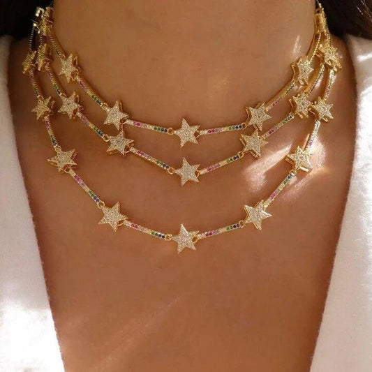 16inches / N326-Gold Jewelry Choker Necklace Cute CZ Paved Star bar rainbow Colorful Gold Plated European Christmas Gift Women Jewelry