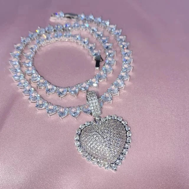 16inches / N672+N579 silver white 2022 Valentine's Day gift 5A cubic zirconia cz tennis cuban link chain iced out heart pendant necklace