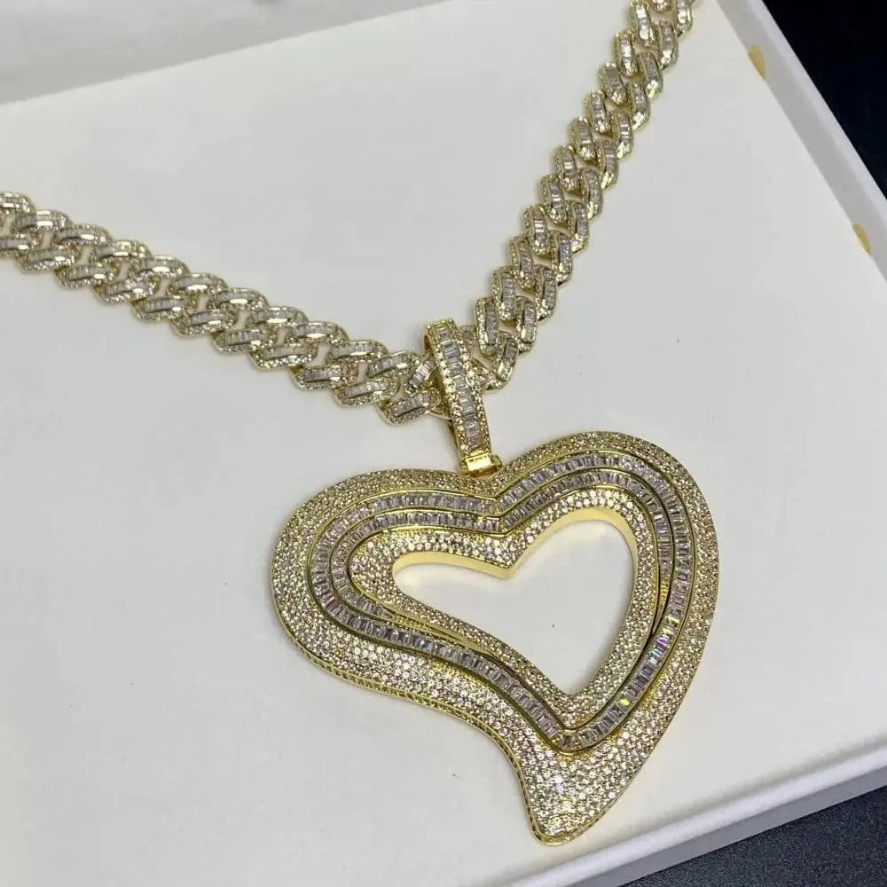 16inches / N926+N594-Gold 2024 New Iced Out Bling 5a CZ Valentine's Day Gift Jewelry Luxury Girlfriend Gift Cuban Chain Big Size Heart Pendant  Necklace