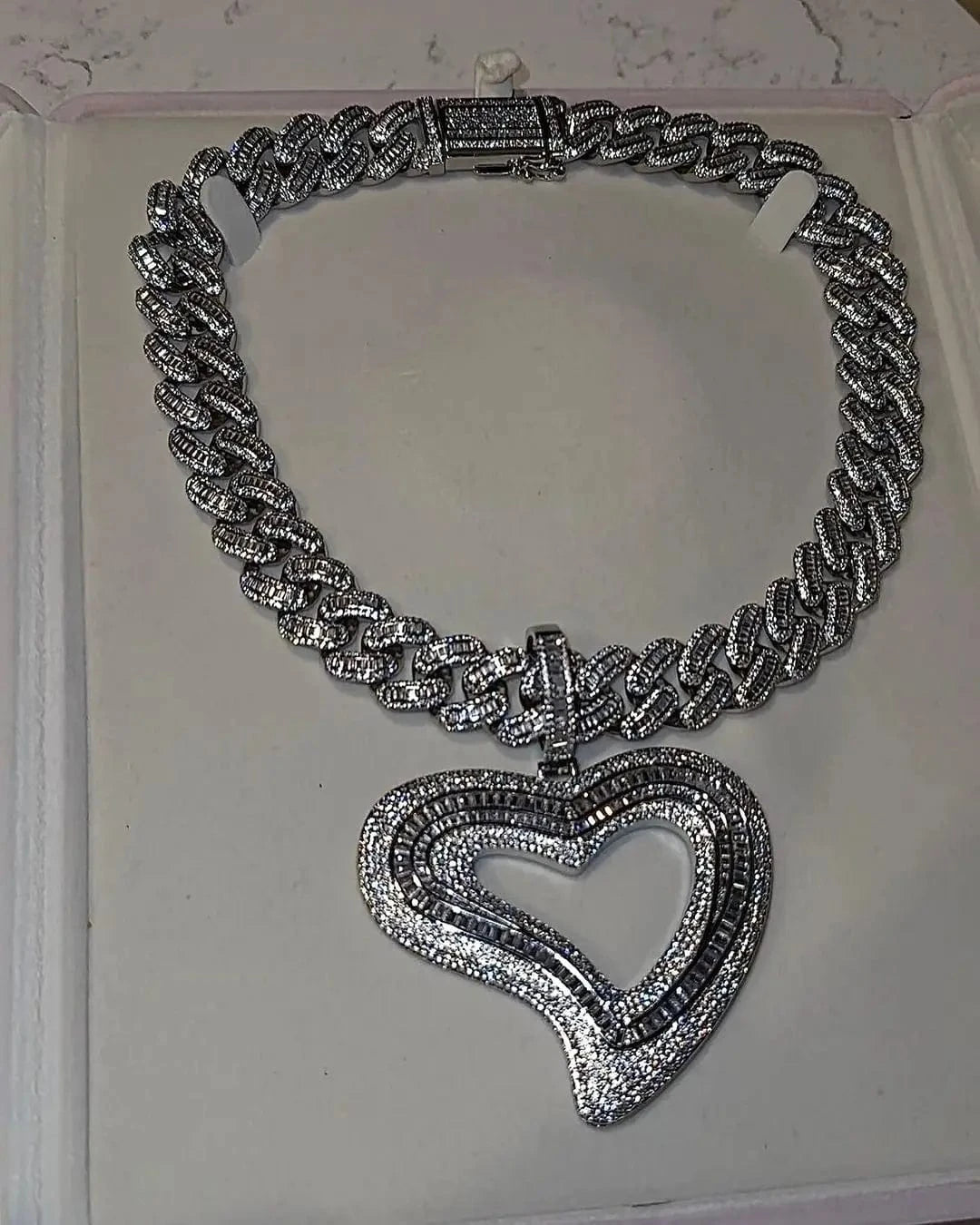16inches / N926+N594-silver 2024 New Iced Out Bling 5a CZ Valentine's Day Gift Jewelry Luxury Girlfriend Gift Cuban Chain Big Size Heart Pendant  Necklace