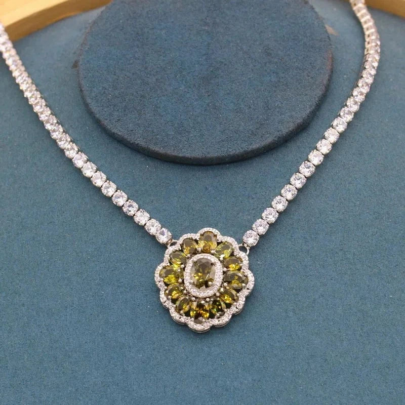 16inches / Olive Green Luxurious Olive Green Blue White Zircon 40cm Necklace for Women Wedding Silver Jewelry