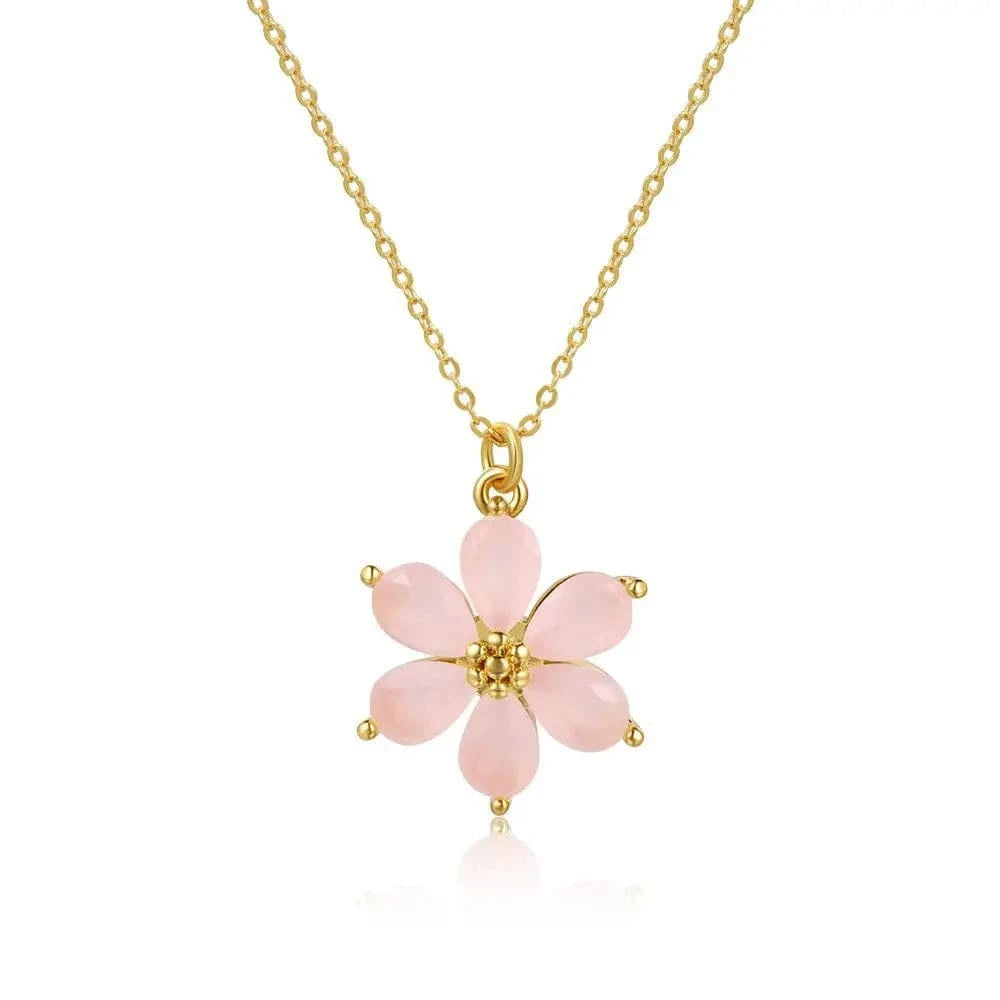16inches / Pink SP Korean Style 18k Gold Zircon Flower Pendant Jewelry Necklace For Women